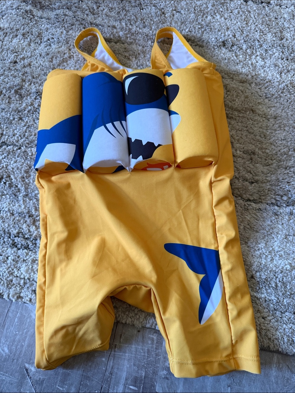 Yellow Kids Swim Float Suit with Shark Graphic